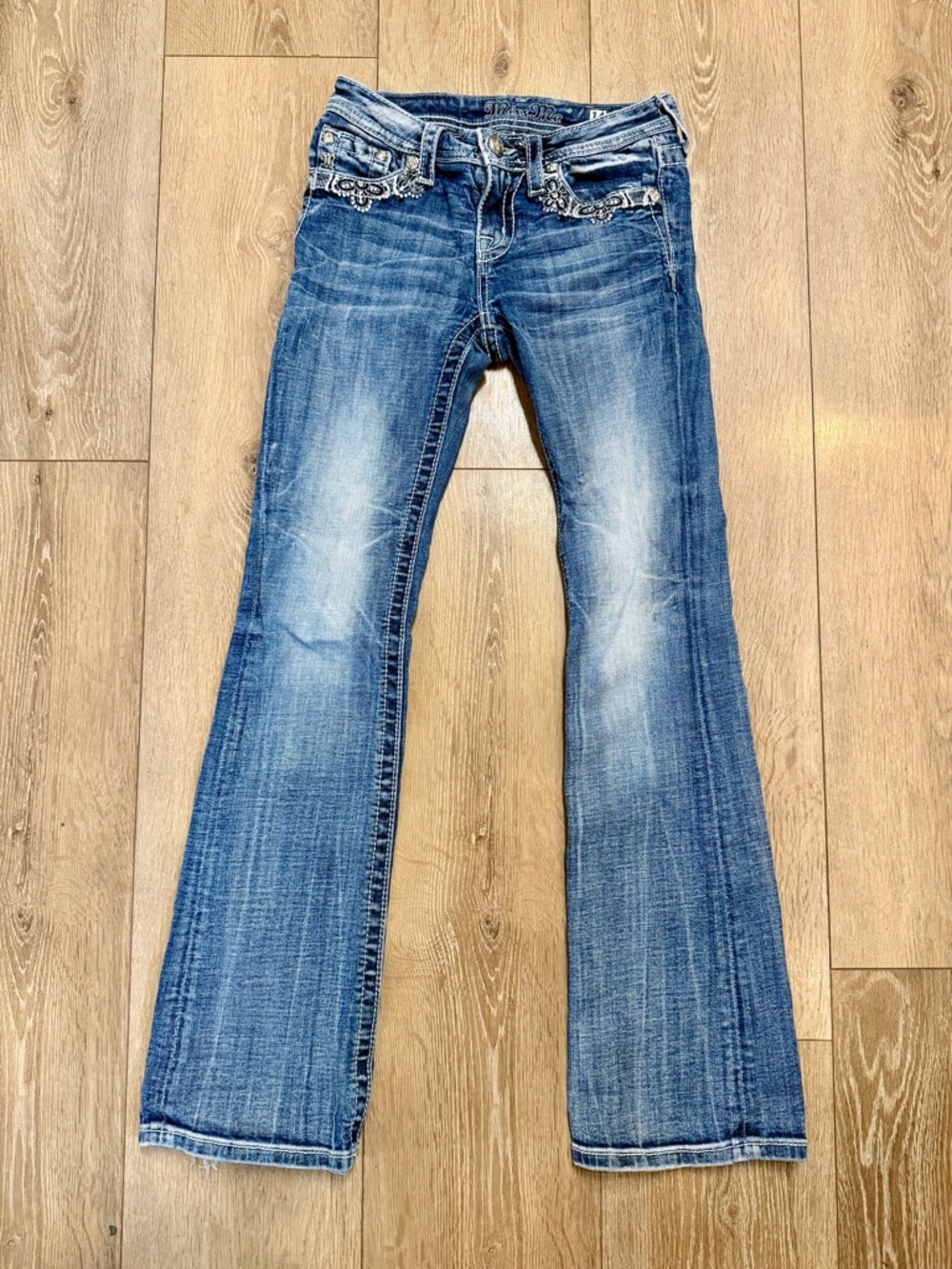 Miss Me Girls Distressed Light Blue Bootcut Jeans w/ Embellished Pockets size 14